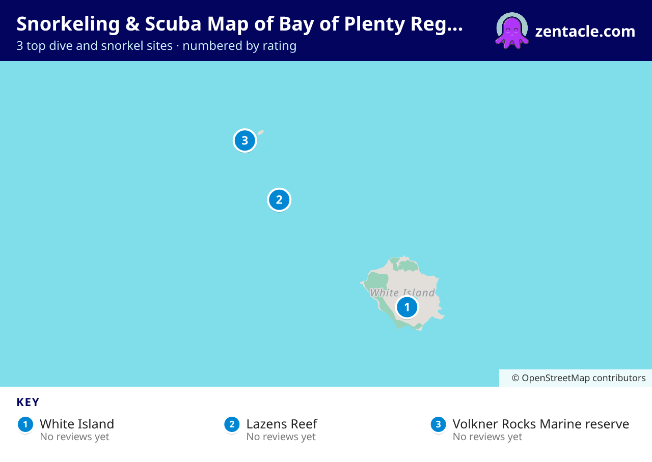 Snorkeling & Scuba Map of Bay of Plenty Region: numbered map of the top 3 dive and snorkel sites, with ratings