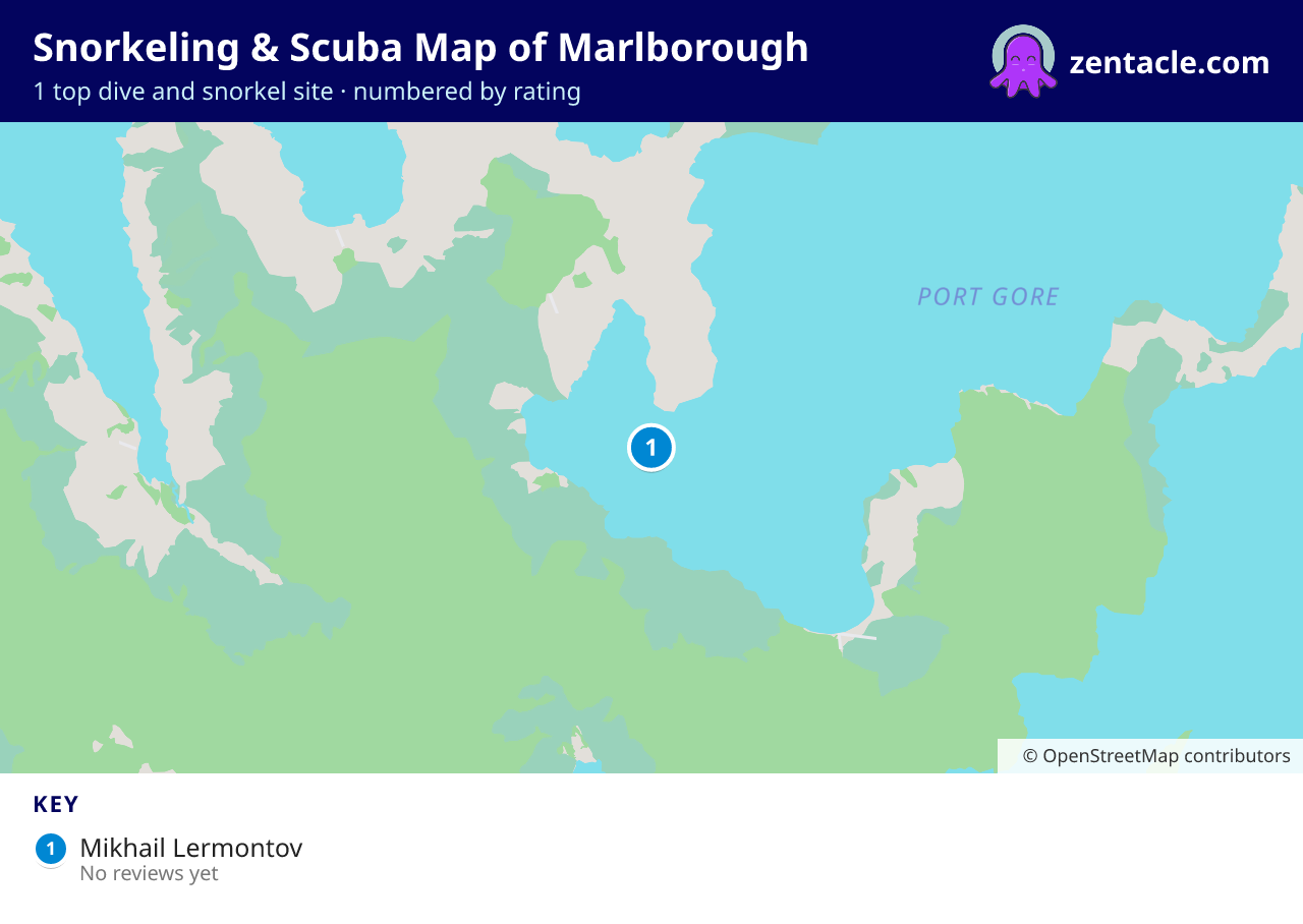 Snorkeling & Scuba Map of Marlborough: numbered map of the top 1 dive and snorkel sites, with ratings