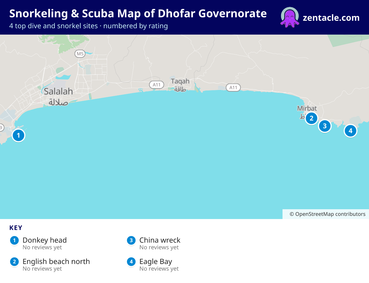 Snorkeling & Scuba Map of Dhofar Governorate: numbered map of the top 4 dive and snorkel sites, with ratings