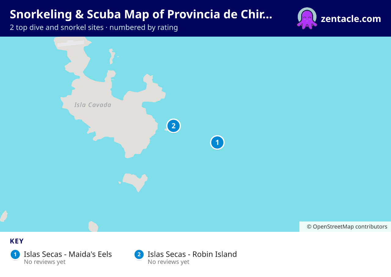 Snorkeling & Scuba Map of Provincia de Chiriquí: numbered map of the top 2 dive and snorkel sites, with ratings