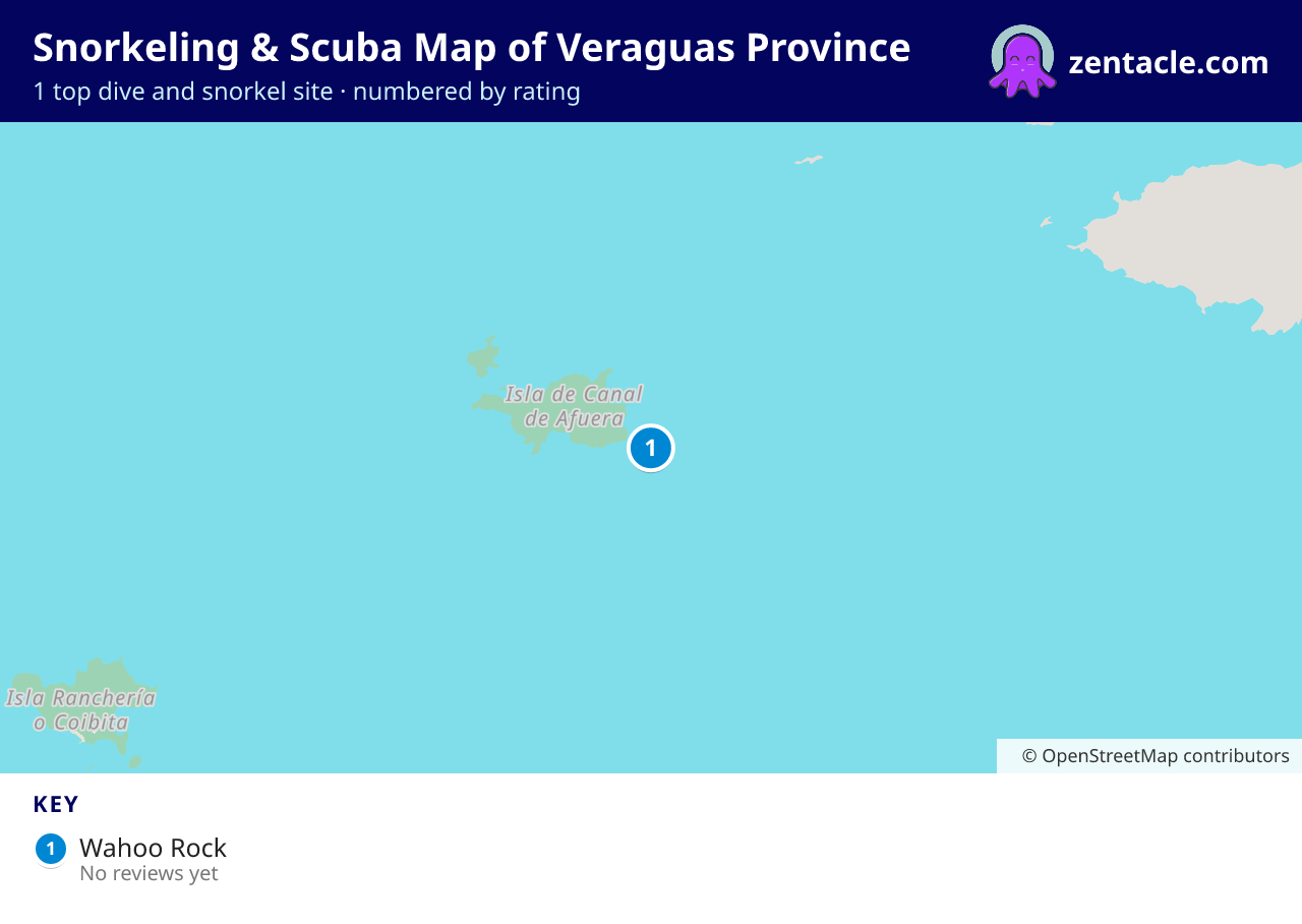 Snorkeling & Scuba Map of Veraguas Province: numbered map of the top 1 dive and snorkel sites, with ratings