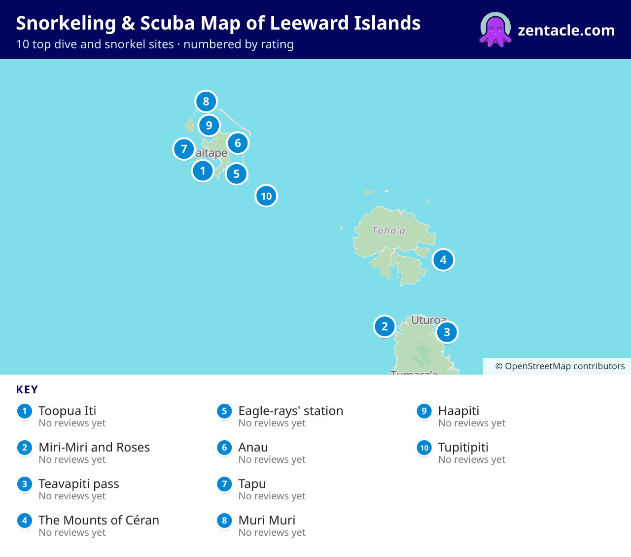Snorkeling & Scuba Map of Leeward Islands: numbered map of the top 10 dive and snorkel sites, with ratings