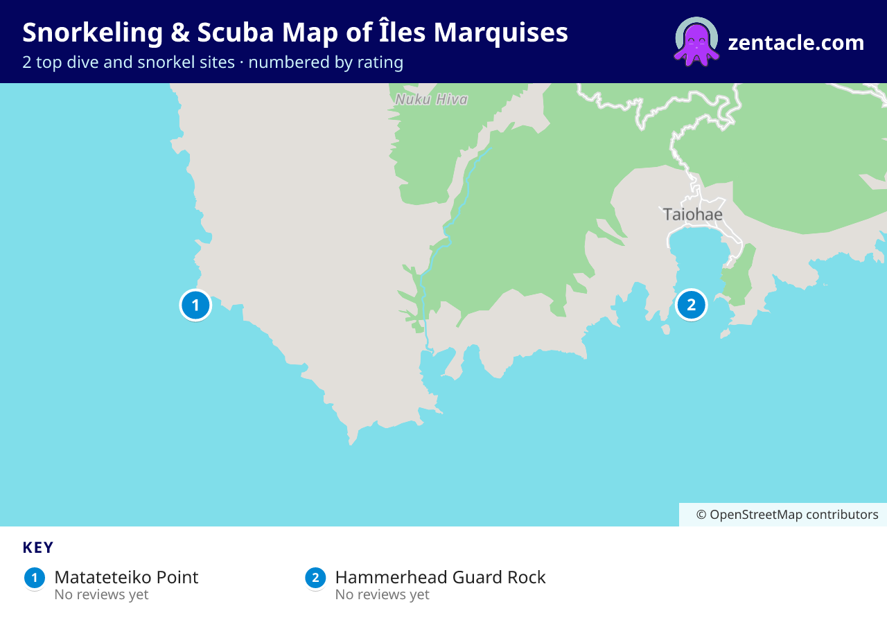 Snorkeling & Scuba Map of Îles Marquises: numbered map of the top 2 dive and snorkel sites, with ratings