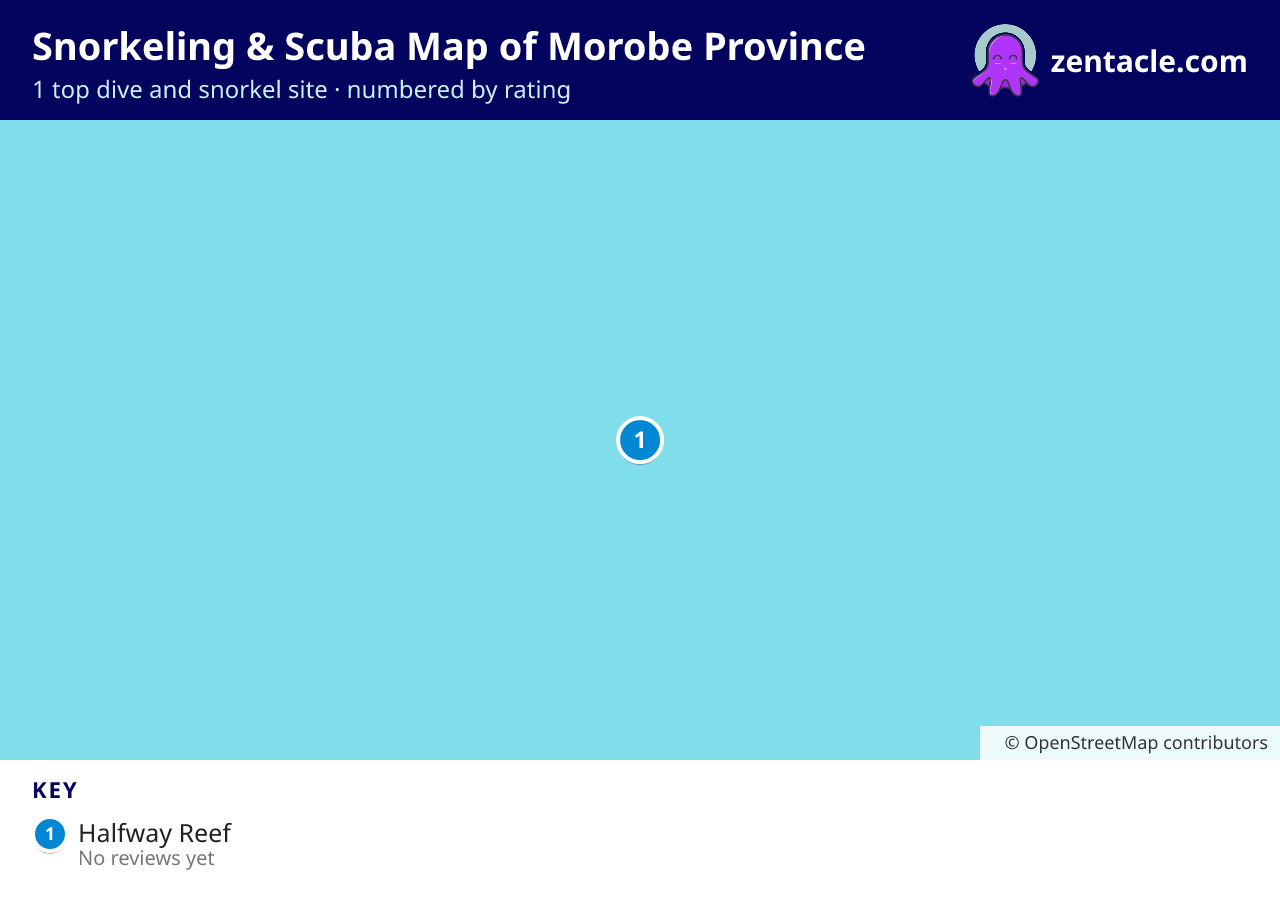Snorkeling & Scuba Map of Morobe Province: numbered map of the top 1 dive and snorkel sites, with ratings