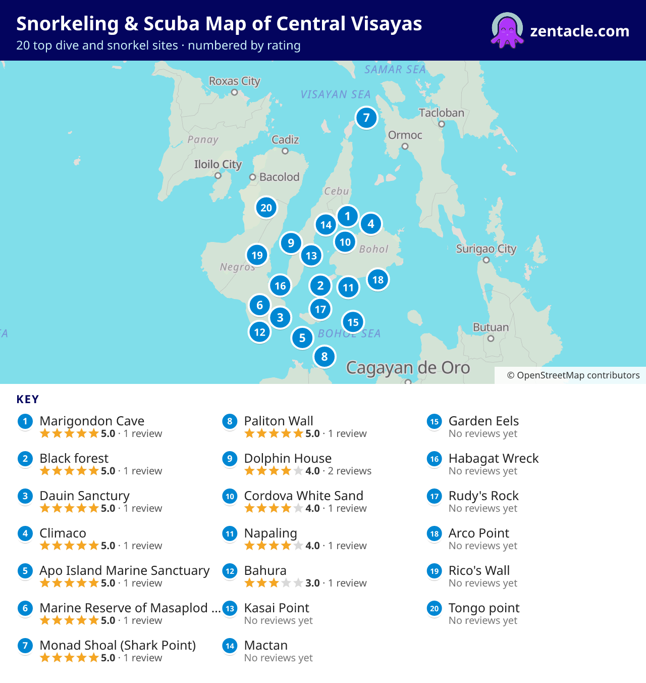 Snorkeling & Scuba Map of Central Visayas: numbered map of the top 20 dive and snorkel sites, with ratings