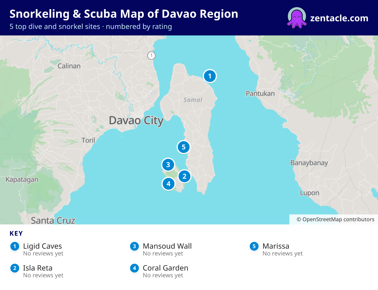 Snorkeling & Scuba Map of Davao Region: numbered map of the top 5 dive and snorkel sites, with ratings