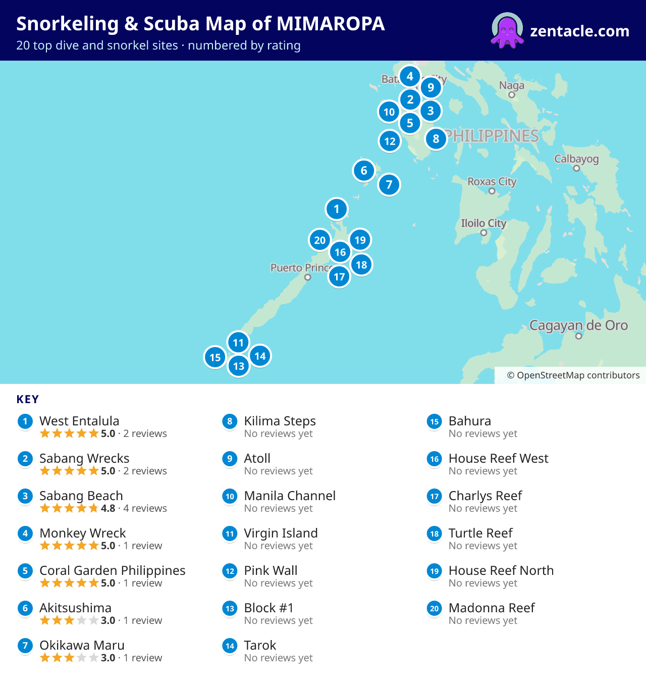 Snorkeling & Scuba Map of MIMAROPA: numbered map of the top 20 dive and snorkel sites, with ratings