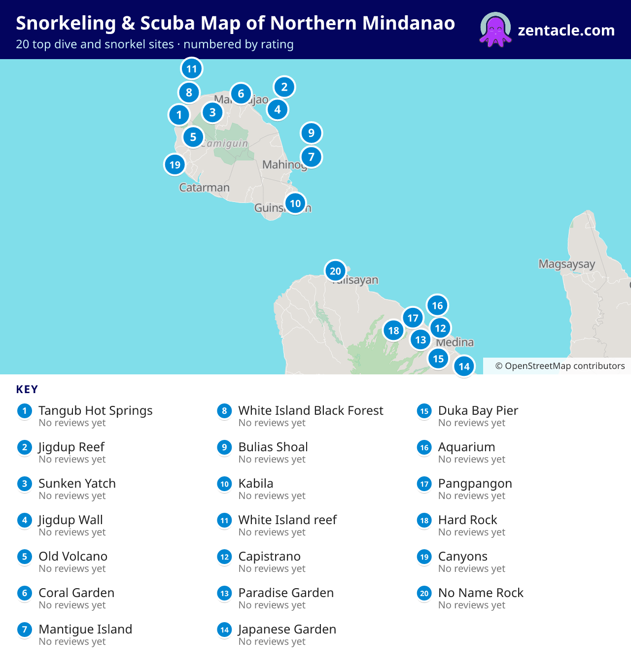 Snorkeling & Scuba Map of Northern Mindanao: numbered map of the top 20 dive and snorkel sites, with ratings