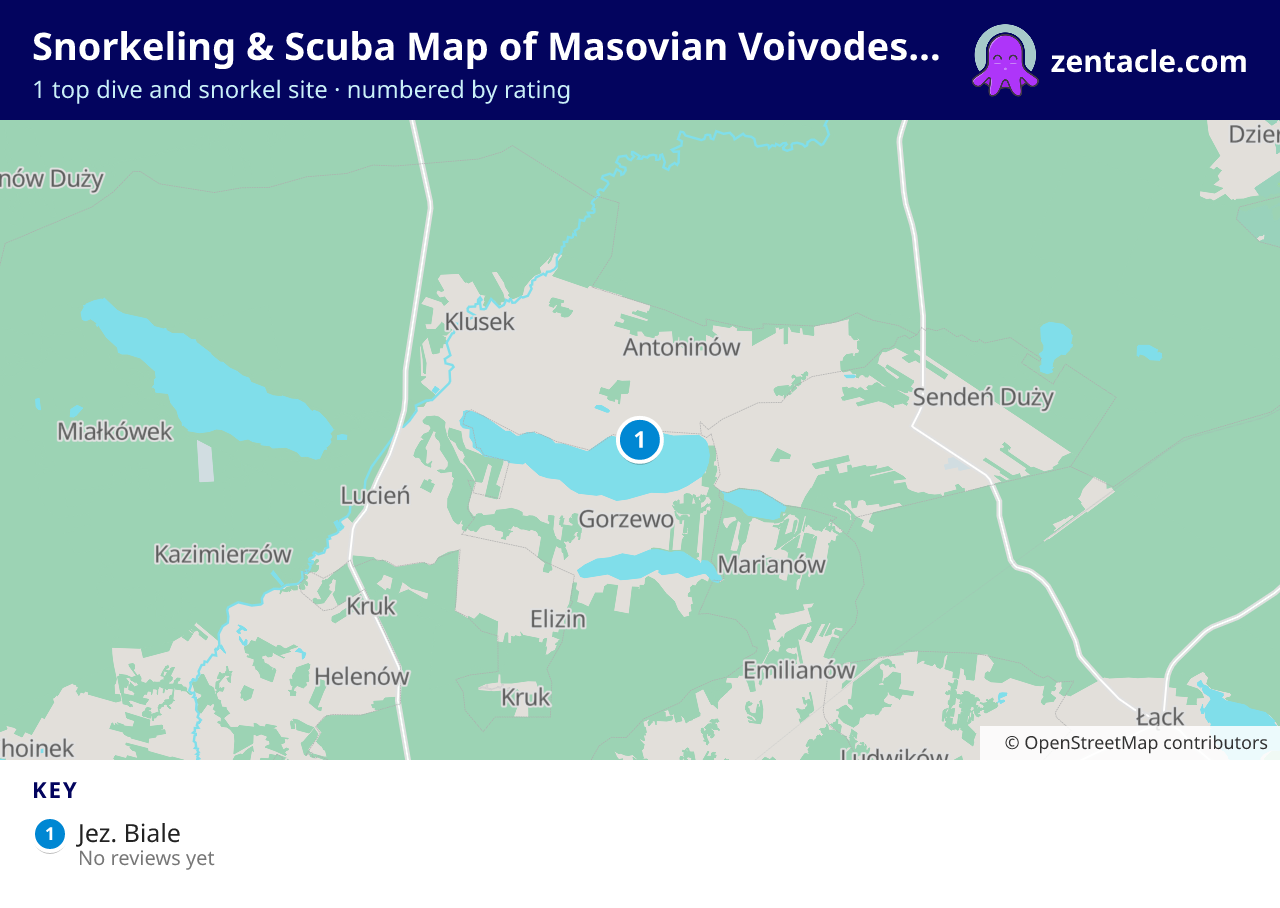 Snorkeling & Scuba Map of Masovian Voivodeship: numbered map of the top 1 dive and snorkel sites, with ratings