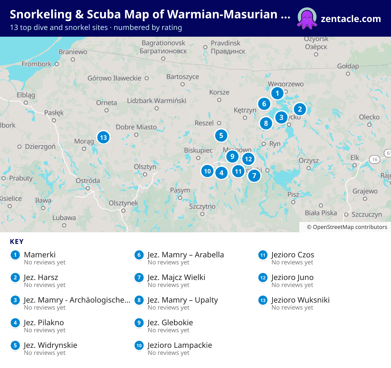 Snorkeling & Scuba Map of Warmian-Masurian Voivodeship: numbered map of the top 13 dive and snorkel sites, with ratings