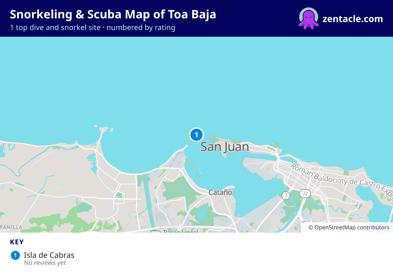 Snorkeling & Scuba Map of Toa Baja: numbered map of the top 1 dive and snorkel sites, with ratings