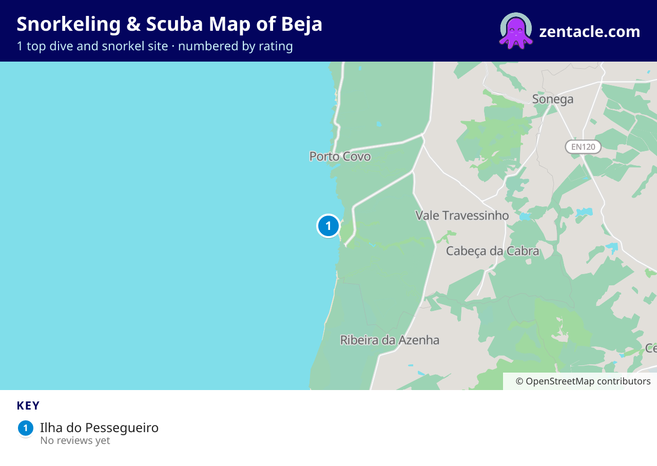 Snorkeling & Scuba Map of Beja: numbered map of the top 1 dive and snorkel sites, with ratings