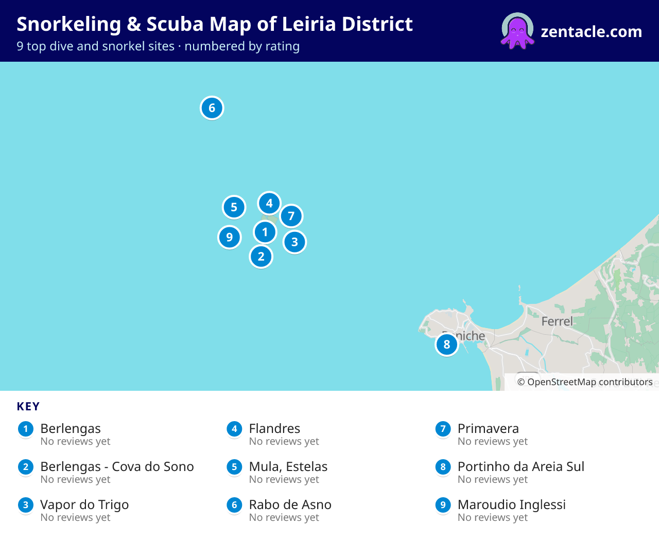 Snorkeling & Scuba Map of Leiria District: numbered map of the top 9 dive and snorkel sites, with ratings