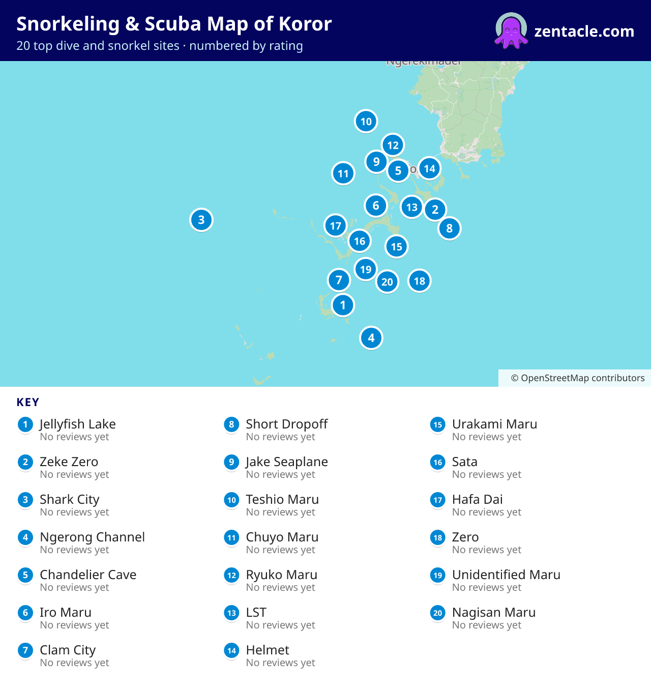Snorkeling & Scuba Map of Koror: numbered map of the top 20 dive and snorkel sites, with ratings