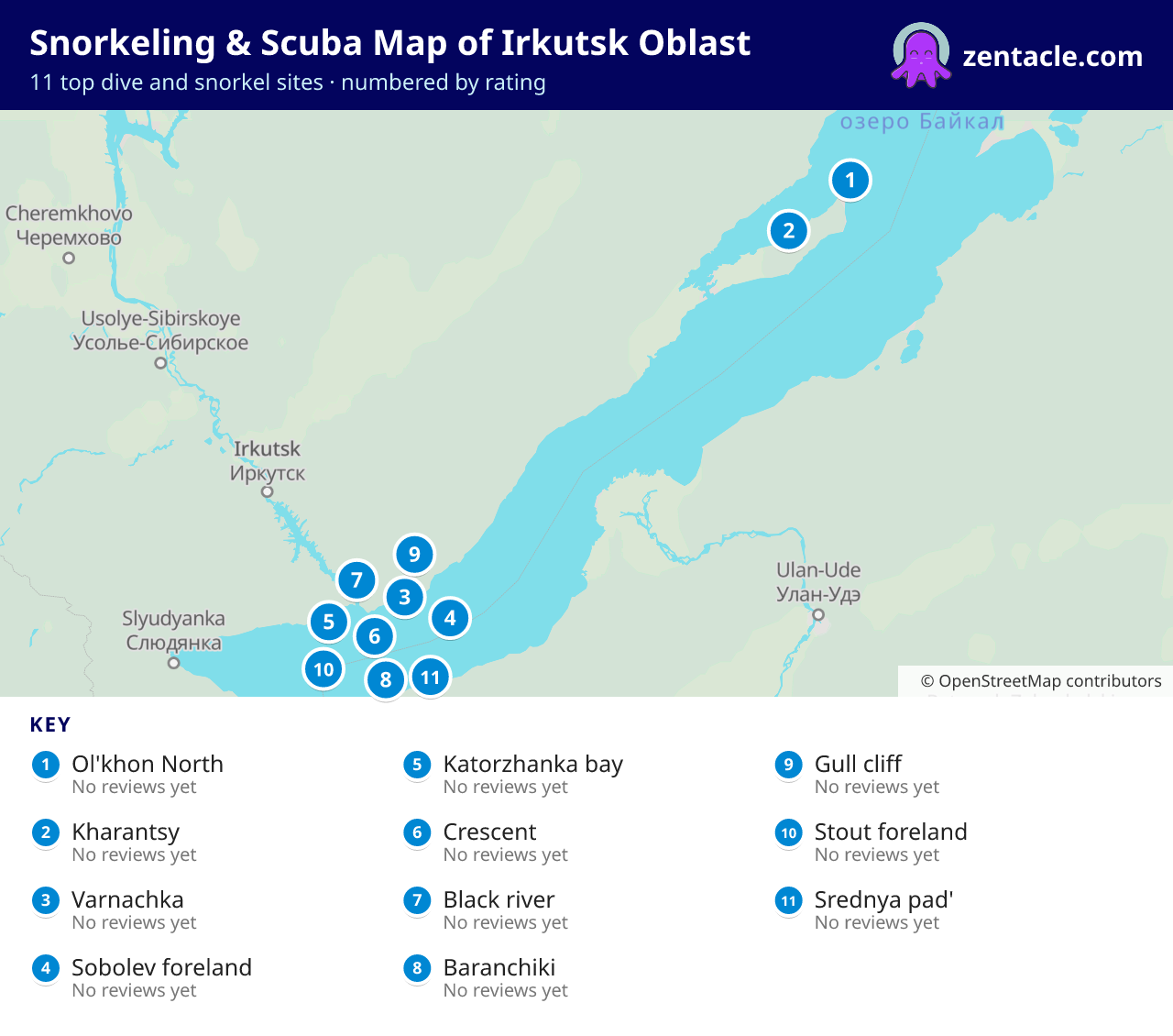 Snorkeling & Scuba Map of Irkutsk Oblast: numbered map of the top 11 dive and snorkel sites, with ratings