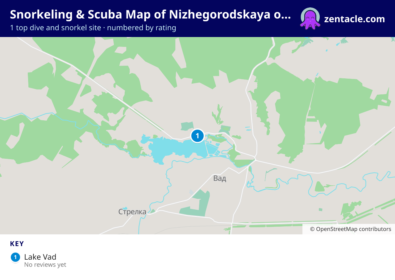 Snorkeling & Scuba Map of Nizhegorodskaya oblast': numbered map of the top 1 dive and snorkel sites, with ratings