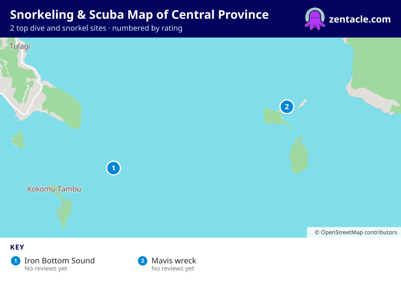 Snorkeling & Scuba Map of Central Province: numbered map of the top 2 dive and snorkel sites, with ratings