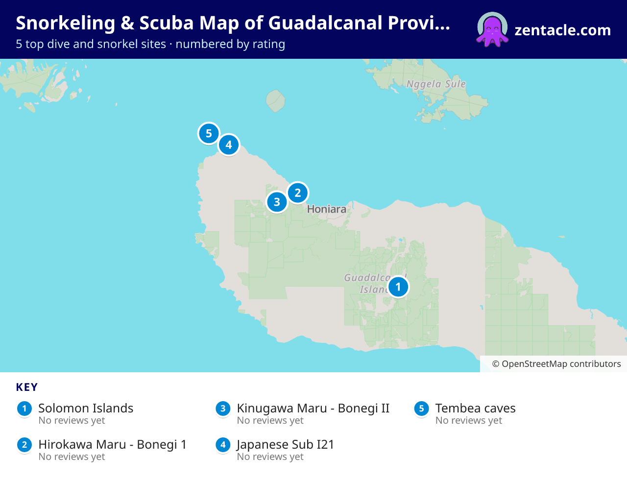 Snorkeling & Scuba Map of Guadalcanal Province: numbered map of the top 5 dive and snorkel sites, with ratings