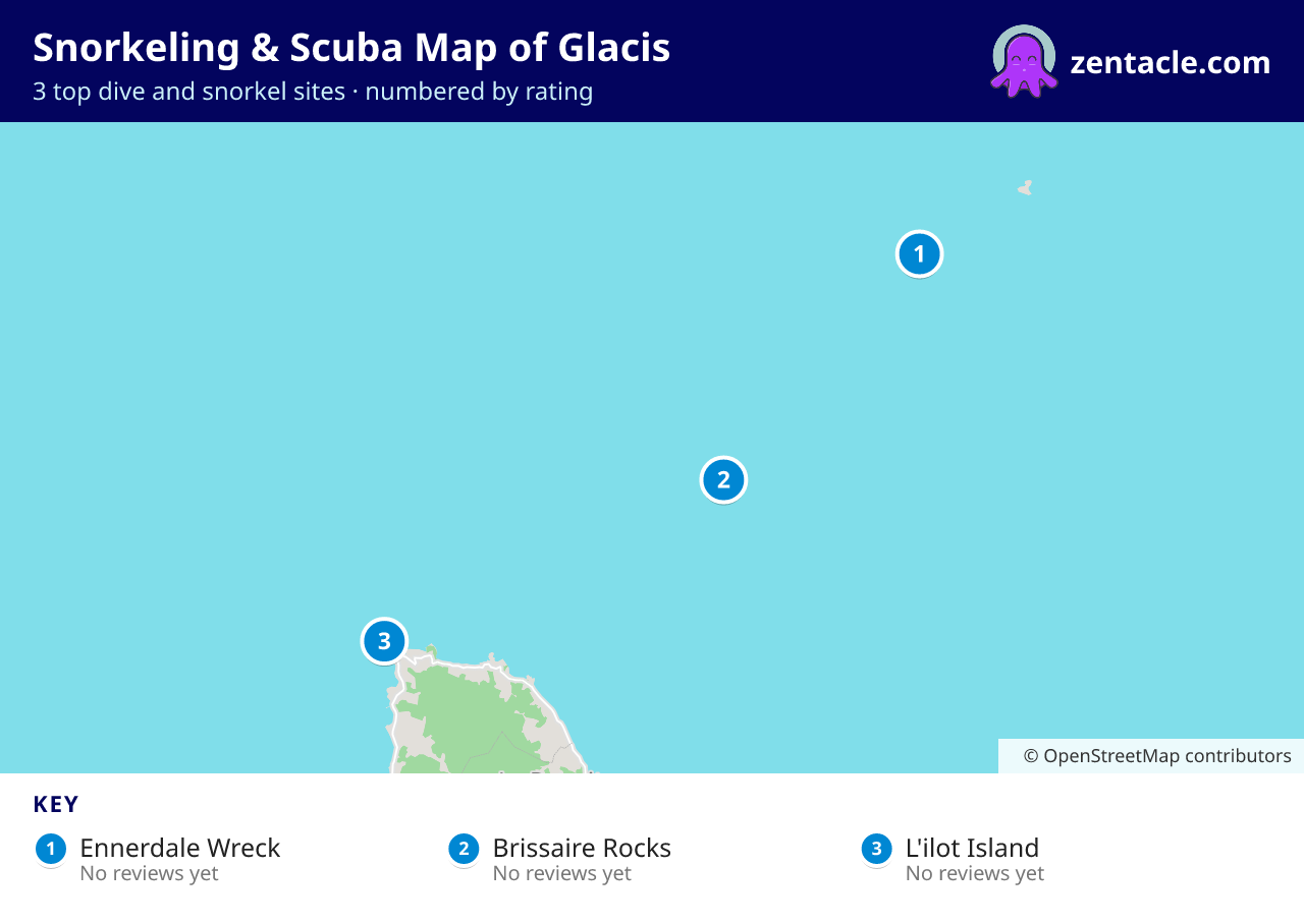 Snorkeling & Scuba Map of Glacis: numbered map of the top 3 dive and snorkel sites, with ratings
