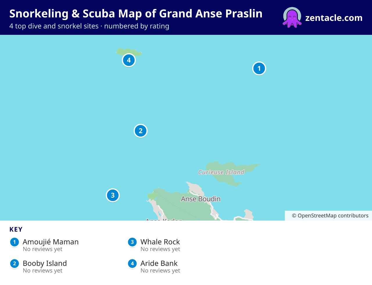 Snorkeling & Scuba Map of Grand Anse Praslin: numbered map of the top 4 dive and snorkel sites, with ratings