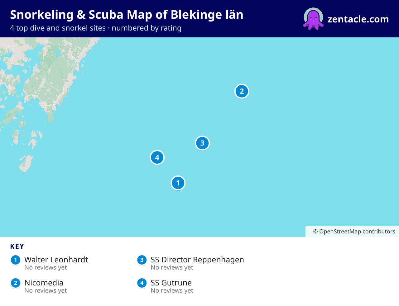 Snorkeling & Scuba Map of Blekinge län: numbered map of the top 4 dive and snorkel sites, with ratings
