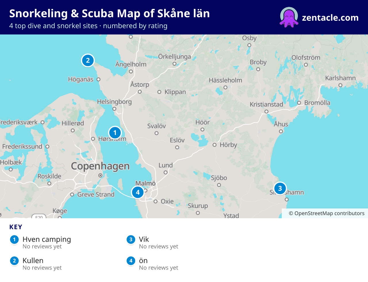 Snorkeling & Scuba Map of Skåne län: numbered map of the top 4 dive and snorkel sites, with ratings