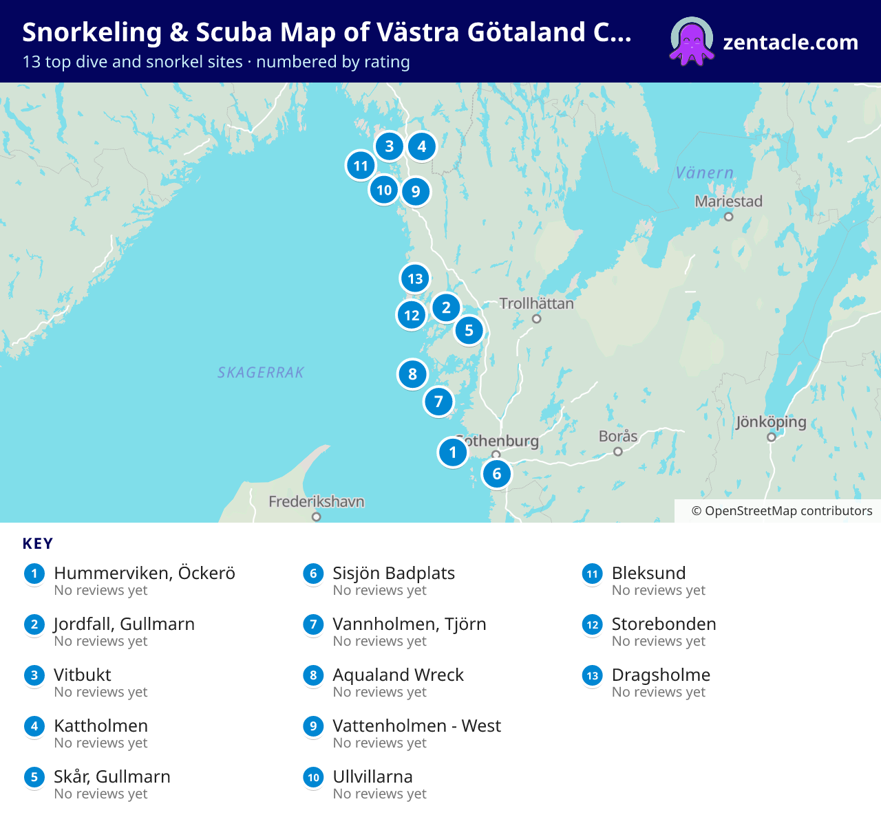 Snorkeling & Scuba Map of Västra Götaland County: numbered map of the top 13 dive and snorkel sites, with ratings