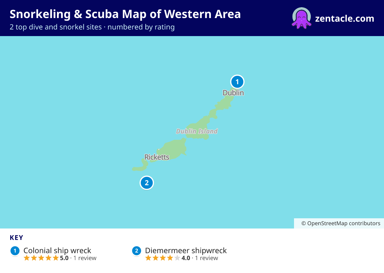 Snorkeling & Scuba Map of Western Area: numbered map of the top 2 dive and snorkel sites, with ratings