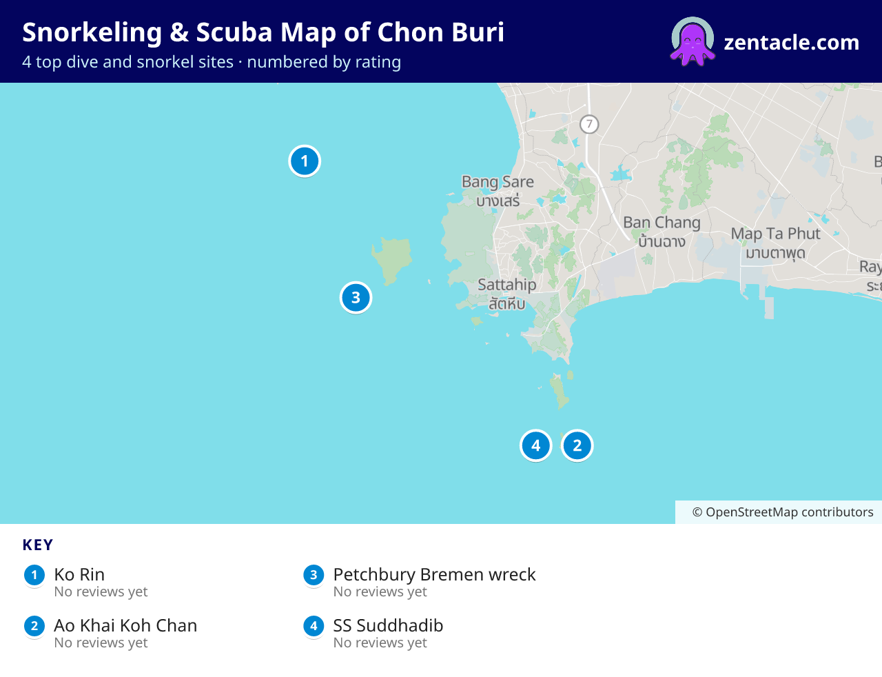 Snorkeling & Scuba Map of Chon Buri: numbered map of the top 4 dive and snorkel sites, with ratings