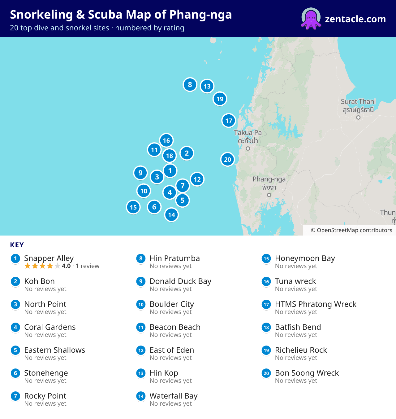 Snorkeling & Scuba Map of Phang-nga: numbered map of the top 20 dive and snorkel sites, with ratings