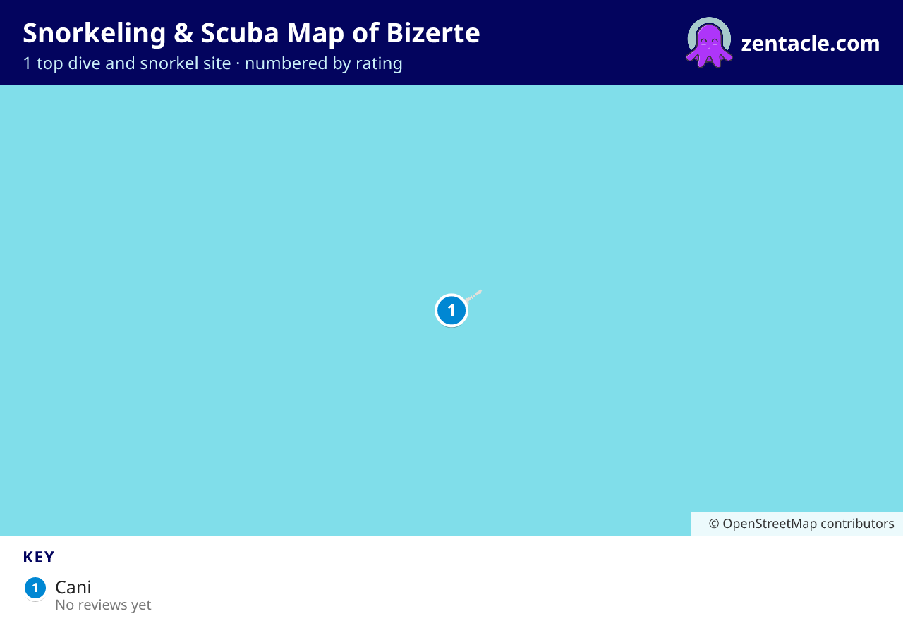 Snorkeling & Scuba Map of Bizerte: numbered map of the top 1 dive and snorkel sites, with ratings