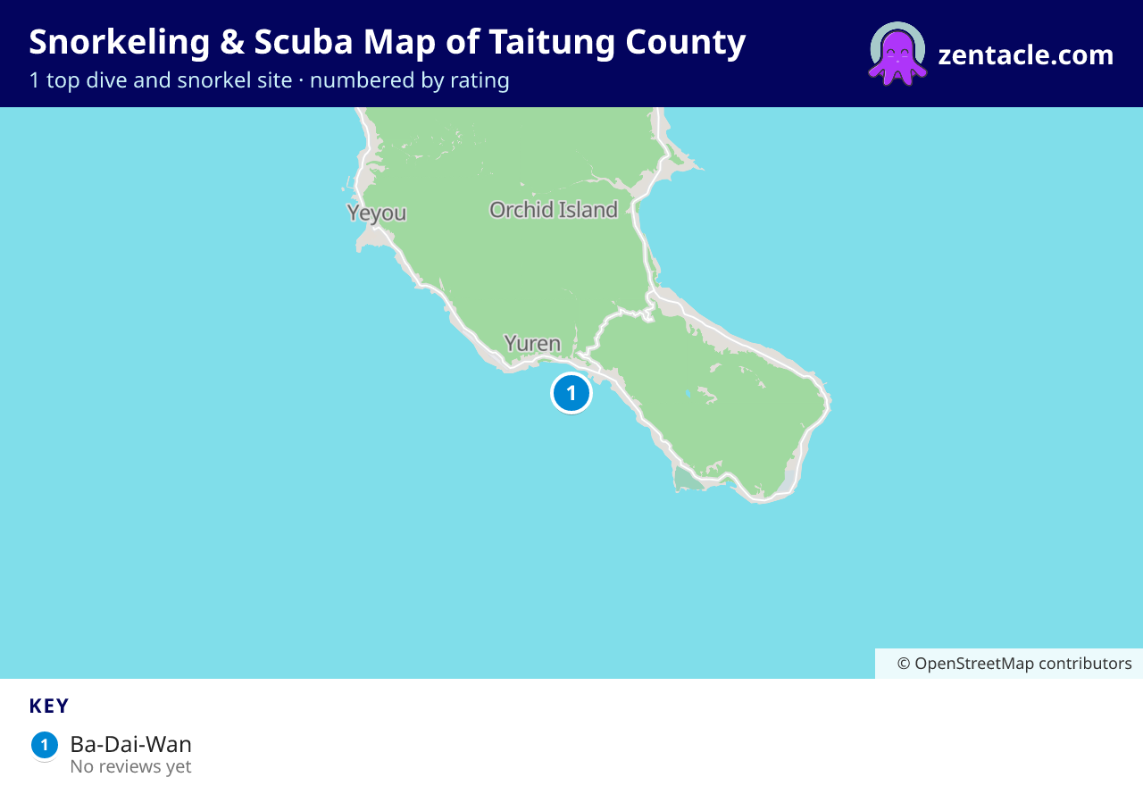 Snorkeling & Scuba Map of Taitung County: numbered map of the top 1 dive and snorkel sites, with ratings