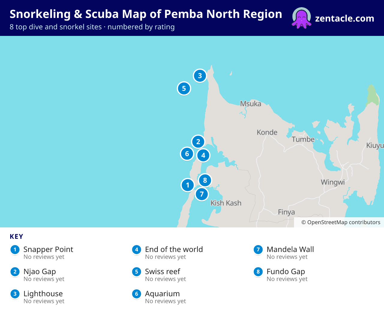 Snorkeling & Scuba Map of Pemba North Region: numbered map of the top 8 dive and snorkel sites, with ratings