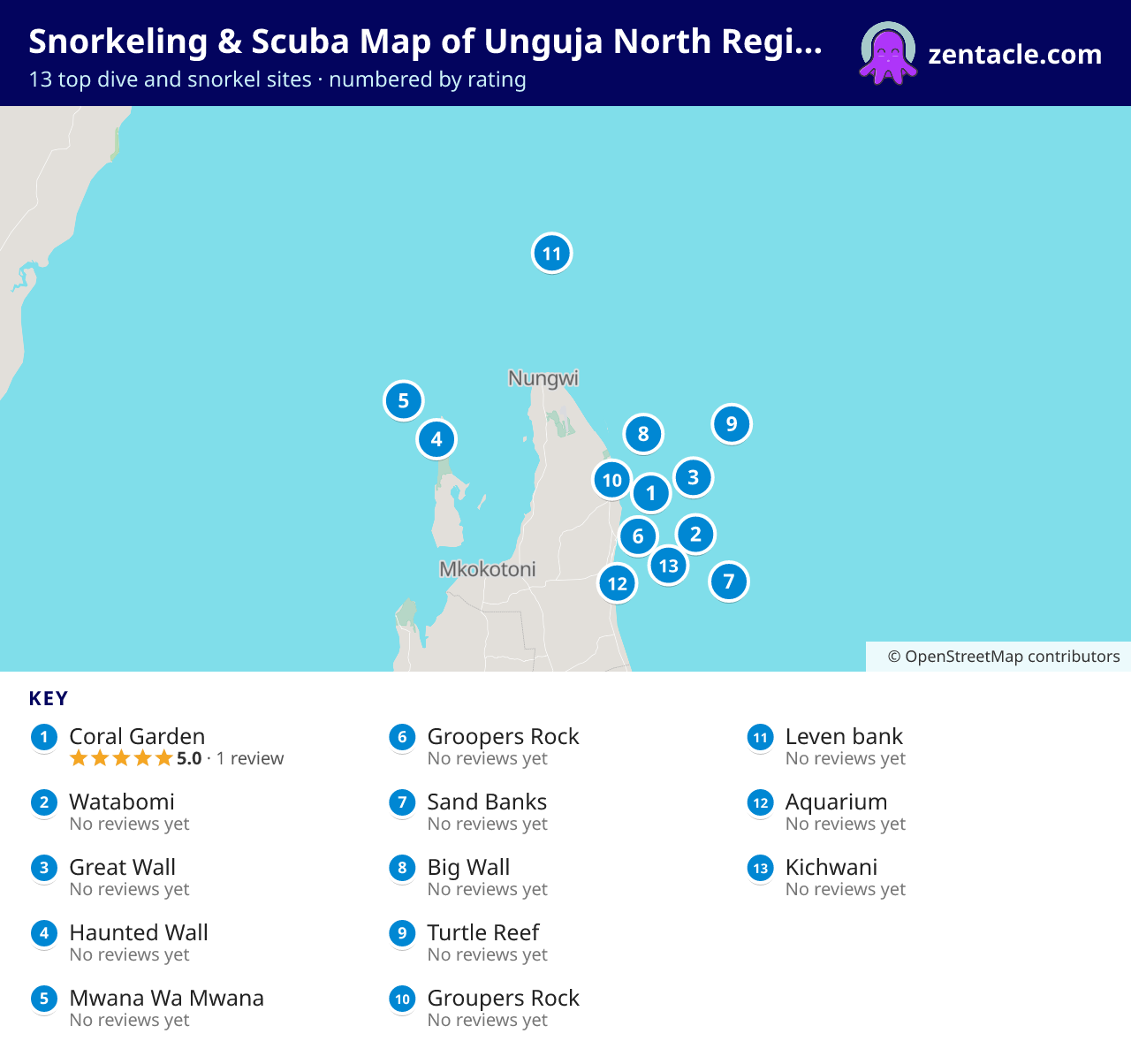 Snorkeling & Scuba Map of Unguja North Region: numbered map of the top 13 dive and snorkel sites, with ratings