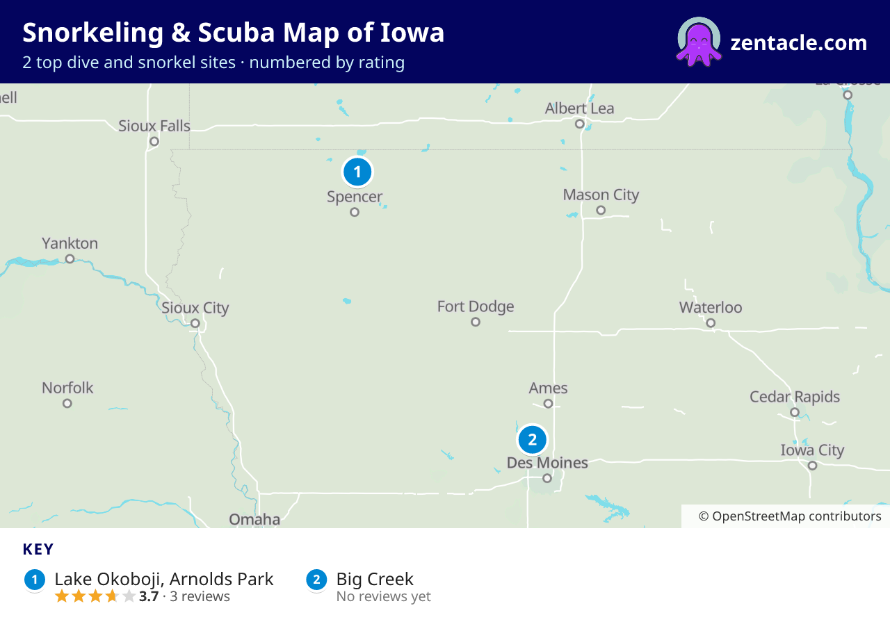 Snorkeling & Scuba Map of Iowa: numbered map of the top 2 dive and snorkel sites, with ratings