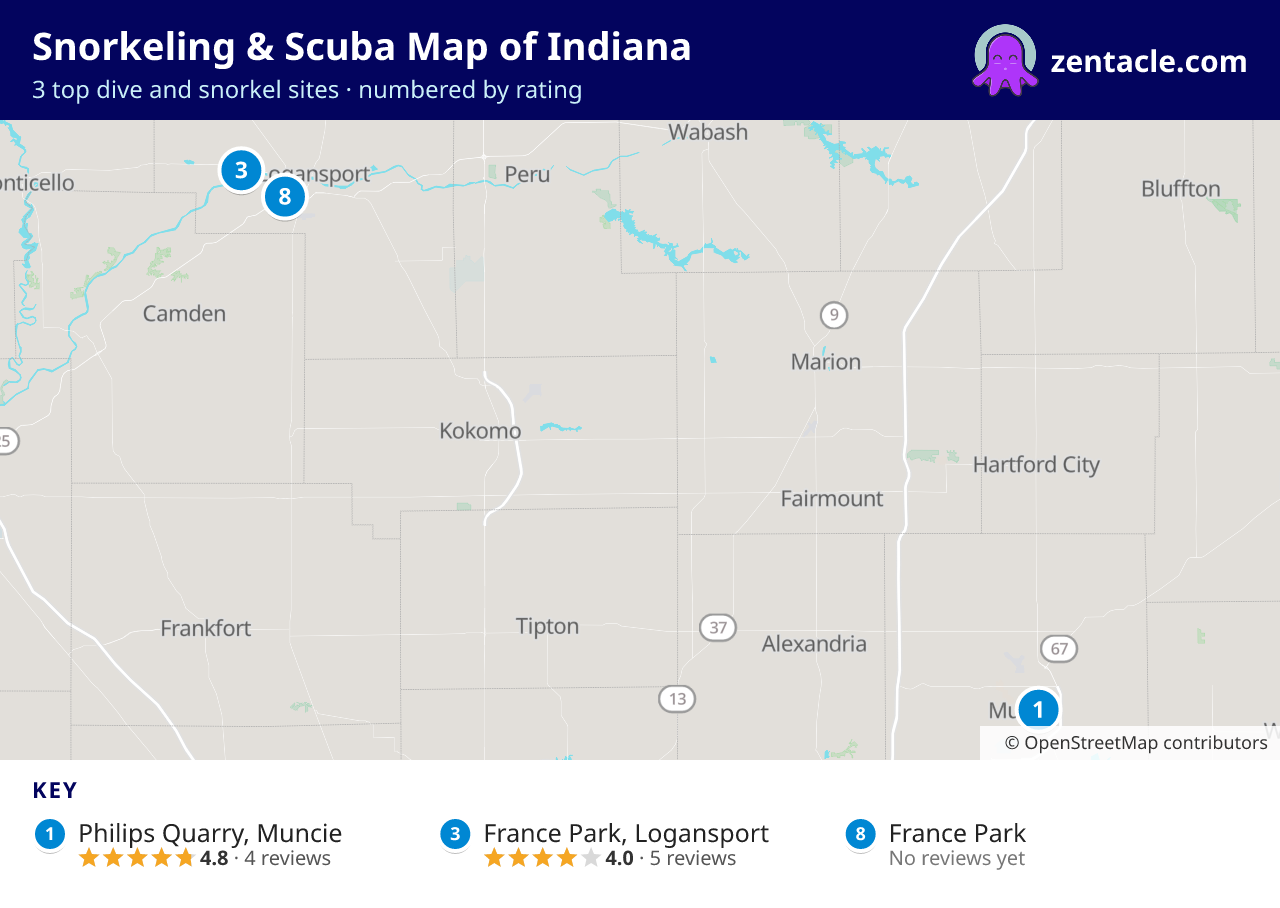 Snorkeling & Scuba Map of Indiana: numbered map of the top 3 dive and snorkel sites, with ratings