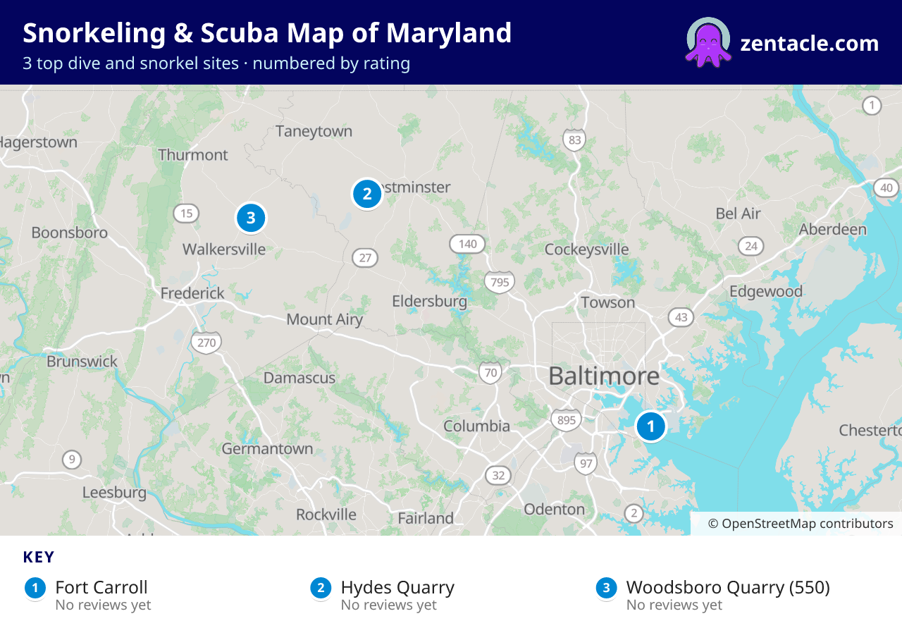 Snorkeling & Scuba Map of Maryland: numbered map of the top 3 dive and snorkel sites, with ratings