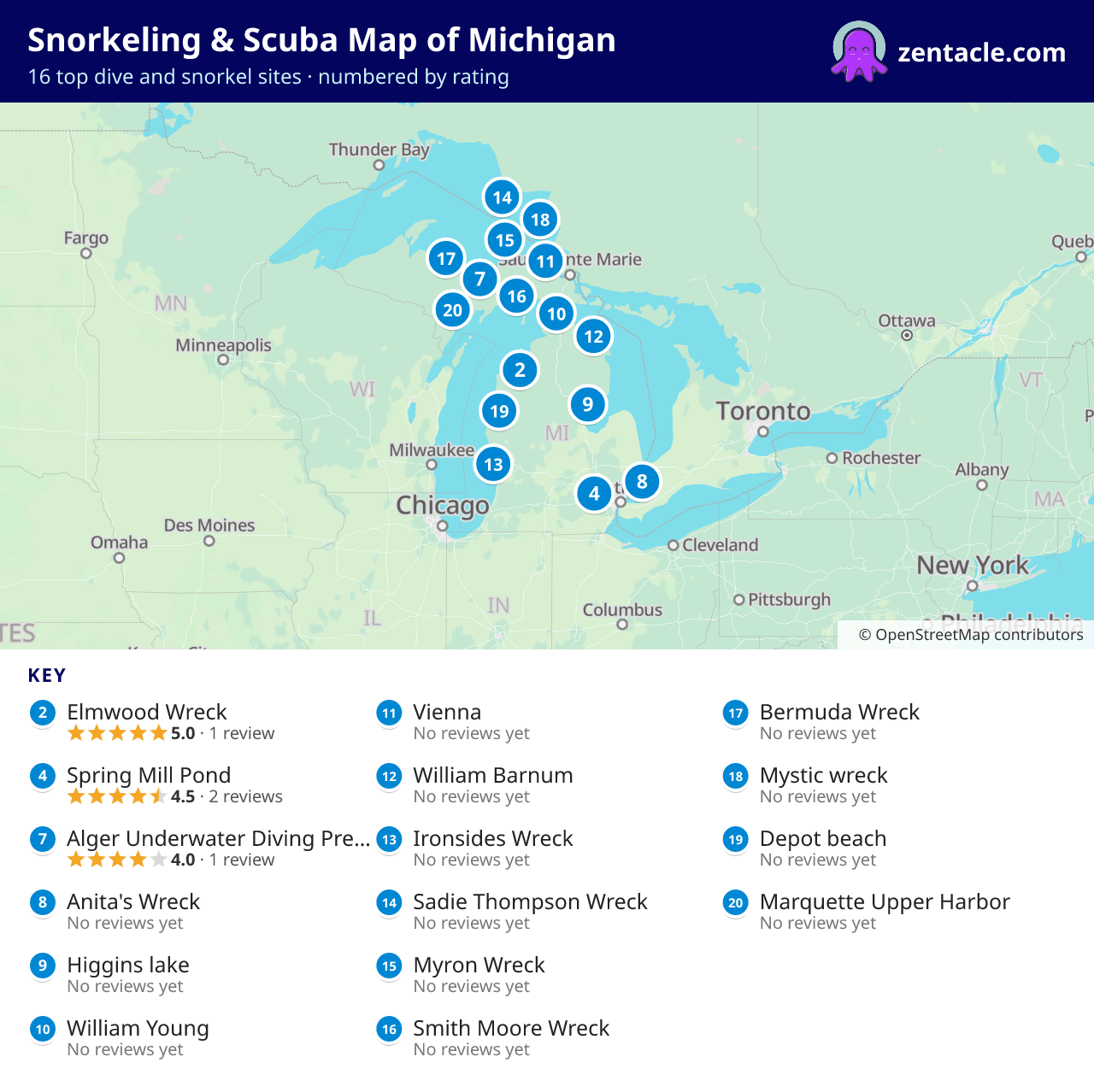 Snorkeling & Scuba Map of Michigan: numbered map of the top 16 dive and snorkel sites, with ratings
