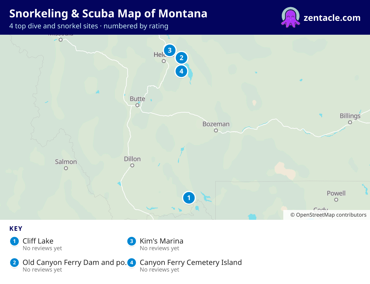 Snorkeling & Scuba Map of Montana: numbered map of the top 4 dive and snorkel sites, with ratings