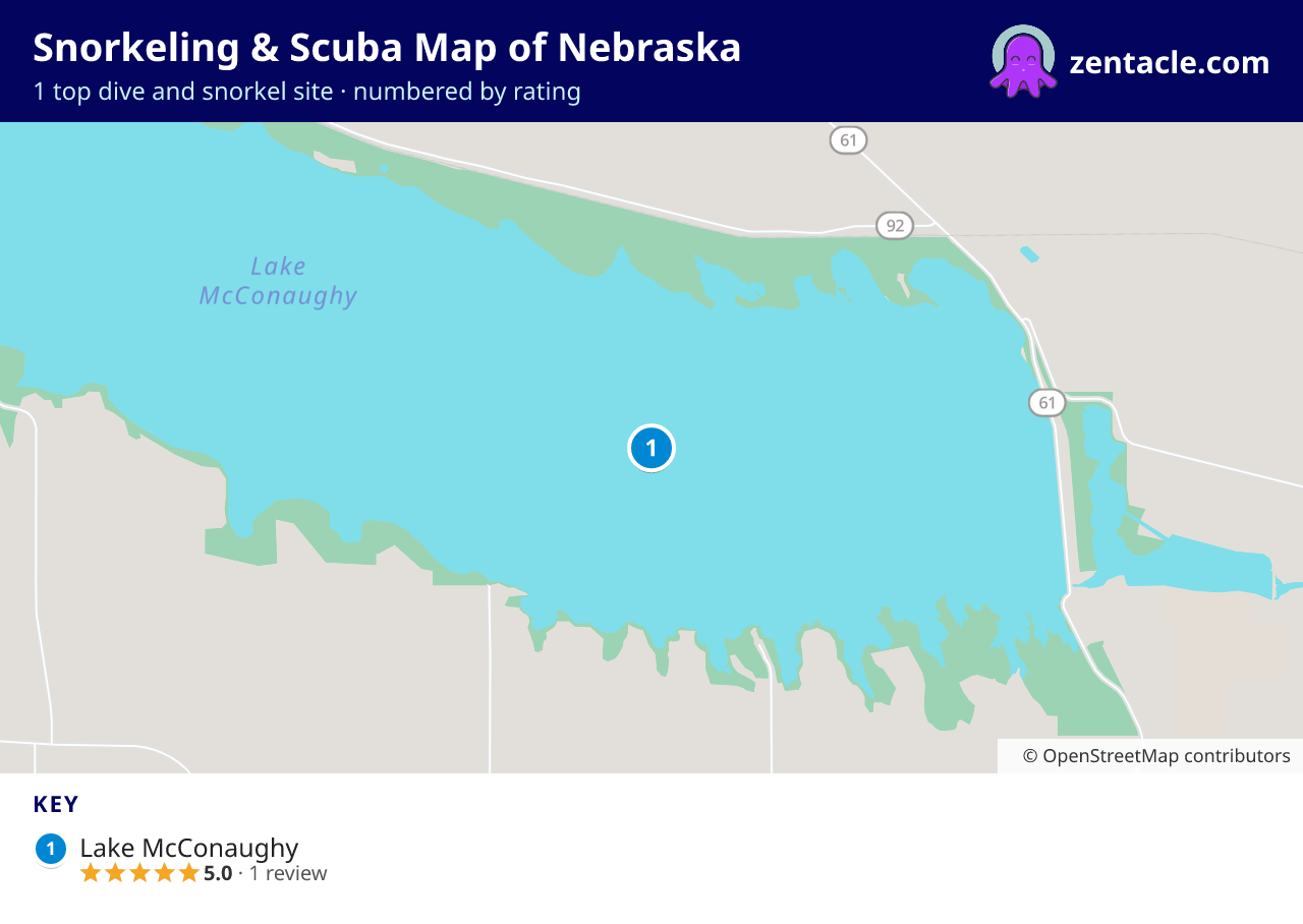 Snorkeling & Scuba Map of Nebraska: numbered map of the top 1 dive and snorkel sites, with ratings