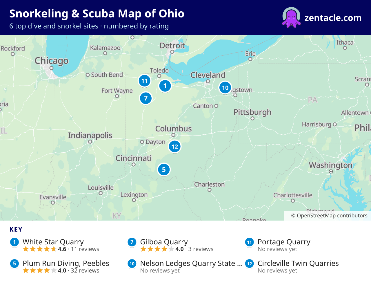 Snorkeling & Scuba Map of Ohio: numbered map of the top 6 dive and snorkel sites, with ratings