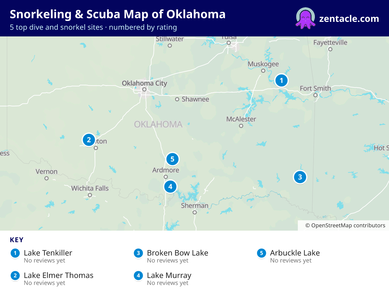Snorkeling & Scuba Map of Oklahoma: numbered map of the top 5 dive and snorkel sites, with ratings