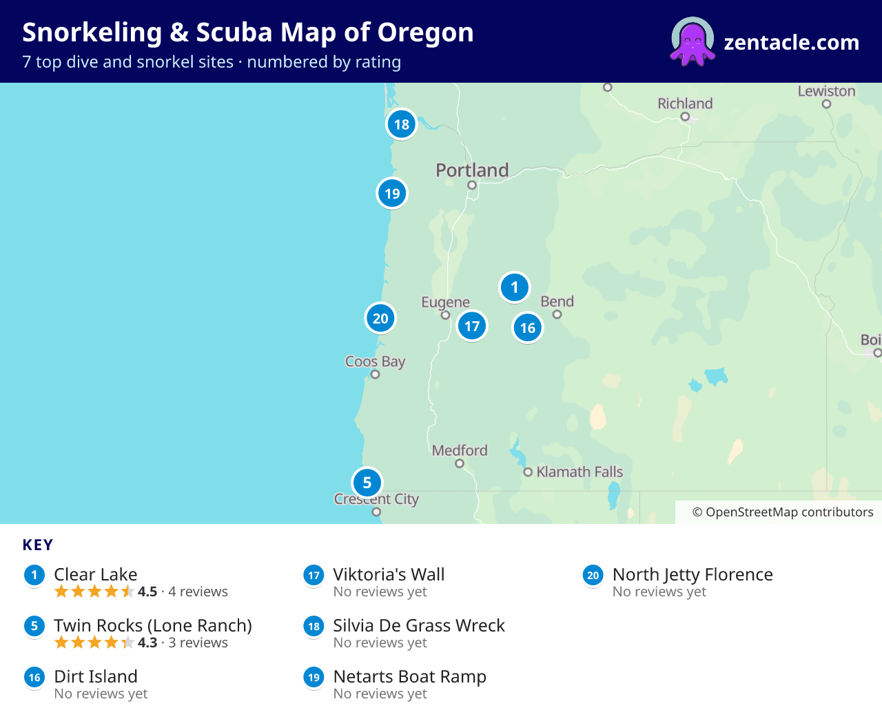 Snorkeling & Scuba Map of Oregon: numbered map of the top 7 dive and snorkel sites, with ratings