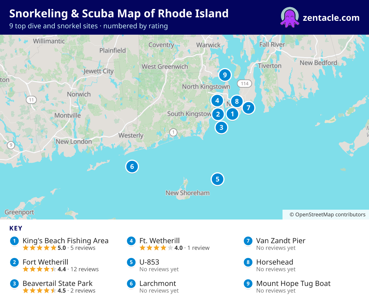 Snorkeling & Scuba Map of Rhode Island: numbered map of the top 9 dive and snorkel sites, with ratings