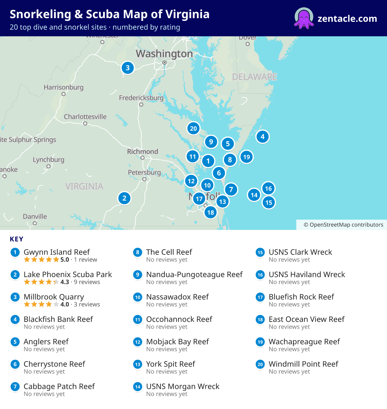 Snorkeling & Scuba Map of Virginia: numbered map of the top 20 dive and snorkel sites, with ratings