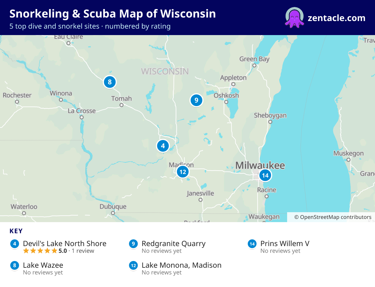 Snorkeling & Scuba Map of Wisconsin: numbered map of the top 5 dive and snorkel sites, with ratings