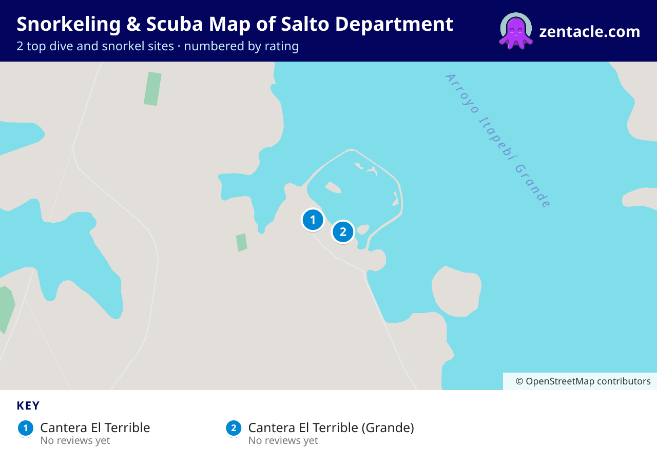 Snorkeling & Scuba Map of Salto Department: numbered map of the top 2 dive and snorkel sites, with ratings