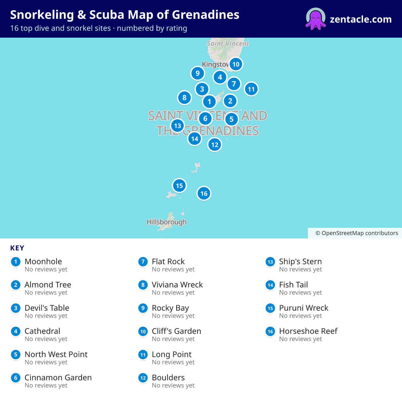 Snorkeling & Scuba Map of Grenadines: numbered map of the top 16 dive and snorkel sites, with ratings