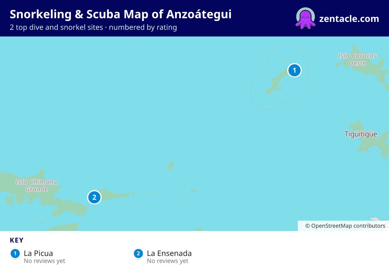 Snorkeling & Scuba Map of Anzoátegui: numbered map of the top 2 dive and snorkel sites, with ratings