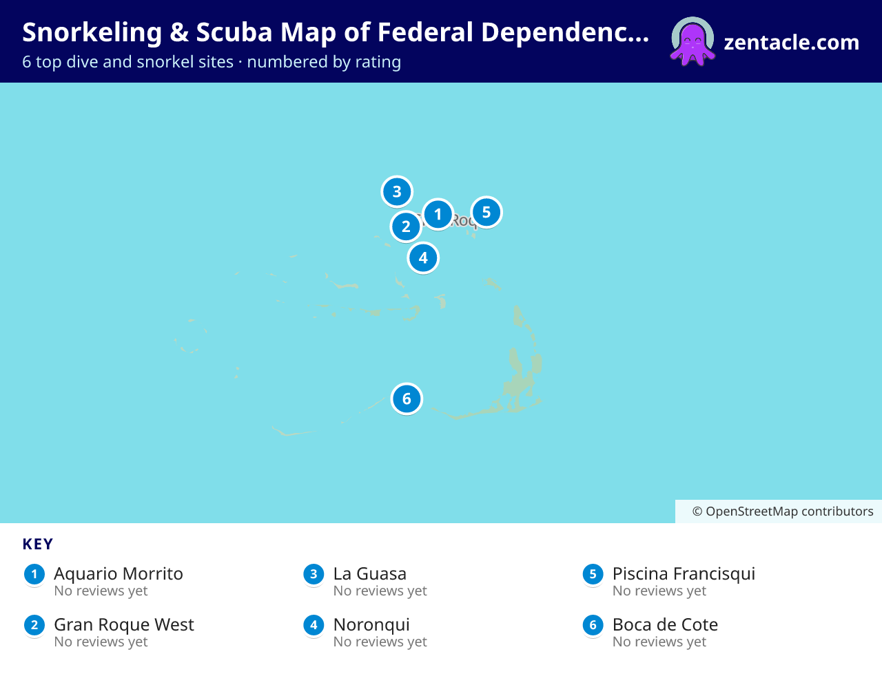 Snorkeling & Scuba Map of Federal Dependencies of Venezuela: numbered map of the top 6 dive and snorkel sites, with ratings